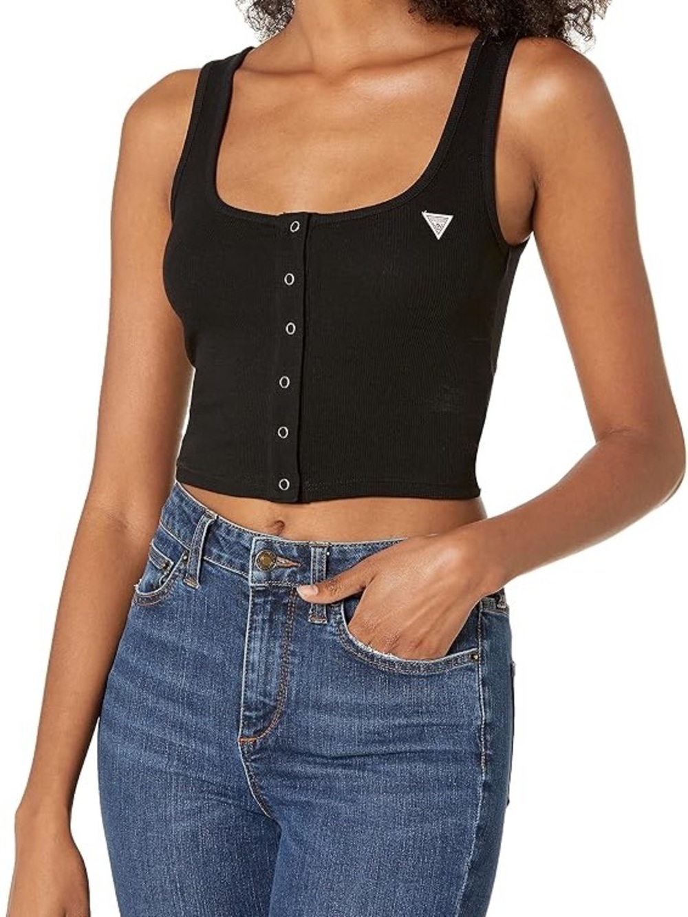 Guess Black Ribbed Snap-Front Triangle Logo Crop Tank Top Size Medium